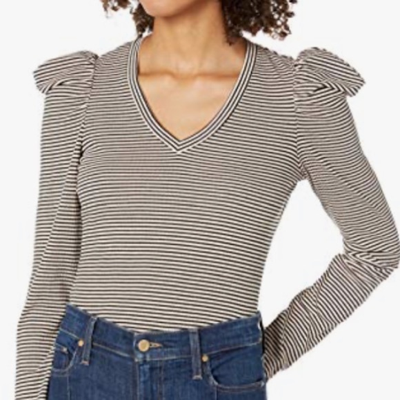 NWT Ella Moss Sandy Drape Gray Striped Top Fitted Puff Shoulder V-Neck Size S - Picture 1 of 9